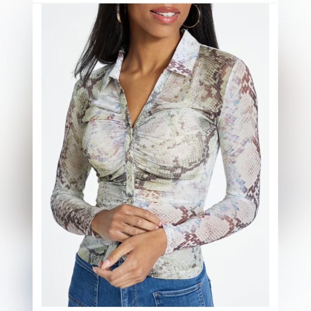 Guess Size XS Snakeskin Print Long Sleeve Mesh Button-Up Top